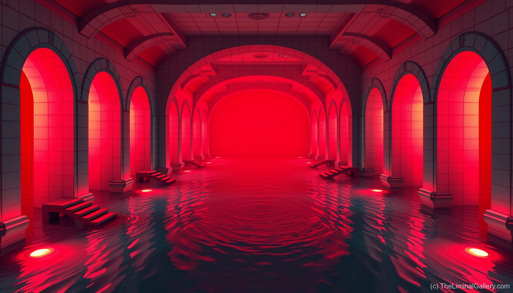 Red-tinted poolrooms in Level 37, Sublimity, evoke surreal unease and liminal disorientation.